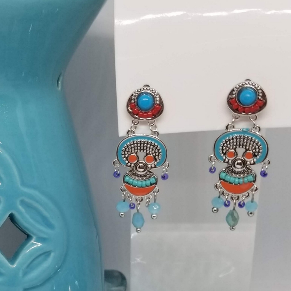 Delicate Alloy Jewelry Medium Size Earrings.  Blue and Red